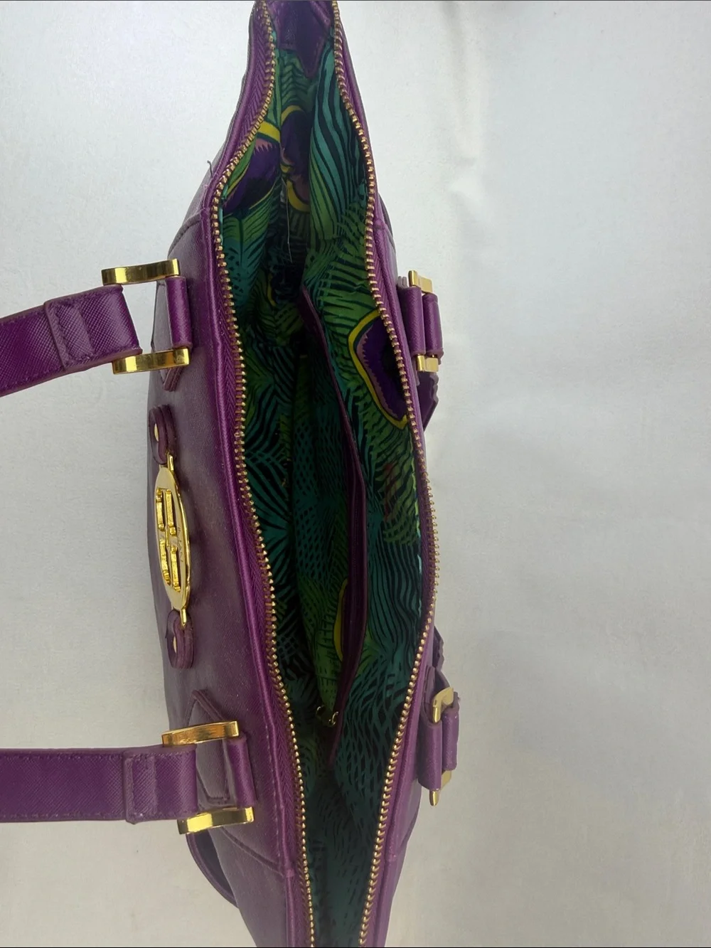 IMAN Purple Shoulder Tote Bag with Gold Hardware Peacock Lining
